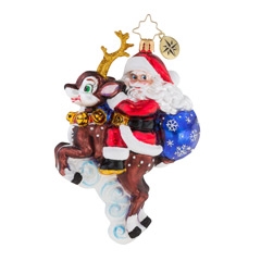 Such an endearing sight… Saint Nick on Blitzen's back taking off for a quick trip. Perhaps it's just a jaunt across Toy Town to deliver those gifts.