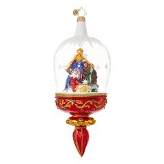 The Holy Family's First Christmas is illuminated in this lovely clear ornament with gold, red and white Yuletide accents.