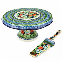 Polish Pottery 12" Cake Plate/Stand 2 piece set. Hand made in Poland. Pattern U4285 designed by Teresa Liana.