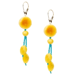 Bozena Przytocka is a designer of artistic amber jewelry based in Gdansk, Poland. Here is a beautiful example of her ability to blend amber and turquoise to create a stunning set of earrings. Size approx 3" long.