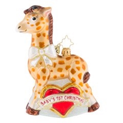 Our little giraffe all covered in spots will make for a beautiful addition to your "Baby's 1st Christmas." This cutie of a keepsake embraces both genders with its red heart and white sash.