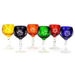 Genuine brilliant Polish 24% lead crystal hand cut with a pinwheel design in a stunning set of (6) different colors.
