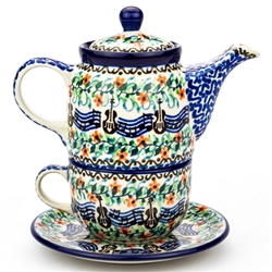 Polish Pottery 16 oz. Personal Teapot Set. Hand made in Poland. Pattern U1879 designed by Malgorzata Mierzwa.