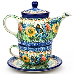 Polish Pottery 16 oz. Personal Teapot Set. Hand made in Poland. Pattern U3727 designed by Teresa Liana.