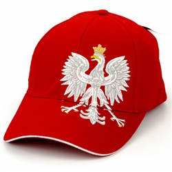 Display the Polish colors of red and white with this handsome looking cap with detailed embroidery work. The front of the cap features a large offset silver Polish Eagle with gold crown and talons. Features an adjustable cloth and metal tab in the back.