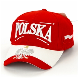 Stylish red cap with silver and white thread embroidery. The cap features a silver Polish Eagle with gold crown and talons on the brim. Features an adjustable cloth and metal tab in the back. Designed to fit most people.