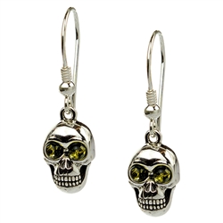 Unique set of sterling silver skull and green amber earrings.
