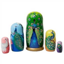 Looking for the perfect peacock gift?  Consider this feast for the eyes:  a splendid strutting peacock unfolds his feathers on a nesting doll.  Open up the largest India blue peacock doll to find various other peacocks, including a white peacock doll.  Ad