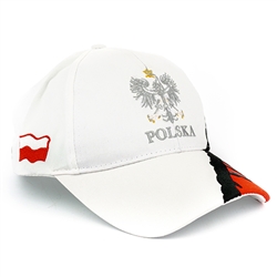 Stylish white cap with silver and white thread embroidery. The cap features a silver Polish Eagle with gold crown and talons. Features an adjustable cloth and metal tab in the back. Designed to fit most people.