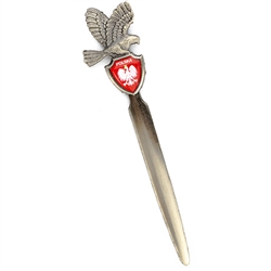 Souvenir pewter letter opener featuring the Polish Eagle Crest Packed in a plastic presentation box with a clear top. Eagle on top may be flying east or west. Size approx 4.75' x 1".