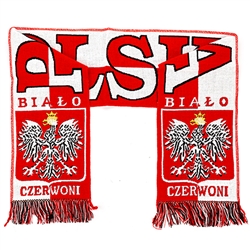 Display your Polish heritage!  Polska scarves are worn in Poland at all major sporting events.  Features Poland's national symbol the crowned white eagle bordered by the phrase "Bialo Czerwoni" - "White and Red" The colors of the Polish flag.