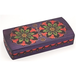 This beautiful box is decorated with a symmetrical red, green, and yellow floral design and features a red and yellow border around the sides of the box. Brass inlays and a rich purple stain complete this unique item.