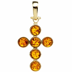 Elegant honey-amber set in 14k gold cross pendant.  Size approx 1.5" x  .75".