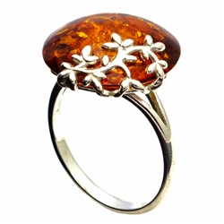 Round Honey Amber Floral Ring set in sterling silver.