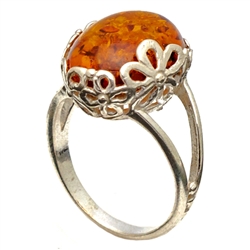 Amber Ring Wrapped in Sterling Silver Flowers