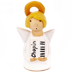 Our beautiful little ceramic angel is dressed holding her Chopin sign.  Totally hand made and painted in Poland. Stamped and artist initialed on the bottom. No two angels are exactly alike as they are all hand made and painted. Hair colors vary.