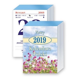 This is a traditional Polish tear off calendar. 736 pages size 3" x 4.25".  Each day list the names of the saints for that day, the time of sunrise and sunset, the day of the year and famous quotes.  On the reserve side are either recipes or interesting