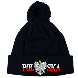 Display your Polish heritage! Stretch fine knit skull cap with the word Polska (Poland) divided by an embroidered Polish Eagle. Easy care acrylic fabric. Once size fits most. Imported from Poland.