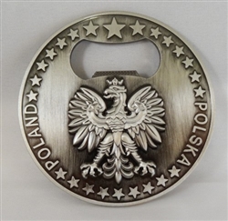 High quality bottle opener with Polish Eagle. The back of the opener has two magnets so it can be displayed. Size is approx 3" diameter.