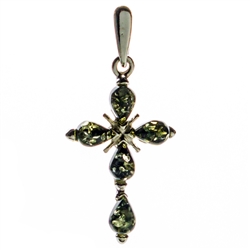Green amber drops in antique style sterling silver cross pendant. Size approx 1.4" x .7".