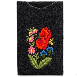 Soft charcoal black felt sewn case with hand embroidered Lowicz folk flowers on one side. Beautiful and functional. Floral Designs Vary
Designed to fit large IPhones.
Exterior Size - 4.25" x 6.75" - Interior size 3.75" x 6.5"