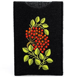 Soft black felt sewn case with hand embroidered Lowicz folk flowers on one side. Beautiful and functional. Designed to fit large IPhones. 
Exterior Size - 4.5" x 7" - Interior size 4.25" x 6.5"