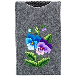 Soft grey felt sewn case with hand embroidered Lowicz folk flowers on one side. Beautiful and functional. Floral Designs Vary
Designed to fit large IPhones. 
Exterior Size - 4.5" x 7" - Interior size 4" x 6.5"