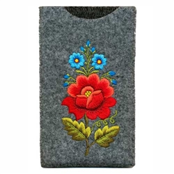 Soft grey felt sewn case with hand embroidered Lowicz folk flowers on one side. Beautiful and functional.
&#8203;Exterior Size - 4" x 6.75" - Interior size 3.75" x 6.5"