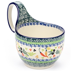 Polish Pottery 14 oz. Soup Bowl with Handle. Hand made in Poland. Pattern U4849 designed by Teresa Liana.