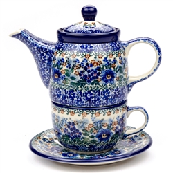 Polish Pottery 16 oz. Personal Teapot Set. Hand made in Poland. Pattern U4341 designed by Maria Starzyk.