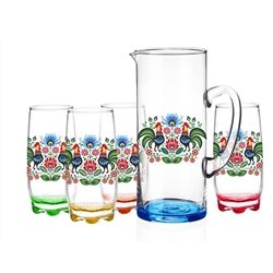Colorful set of glasses and pitcher.  Glasses are approx 6" tall and pitcher is approx 10" tall.
&#8203;Hand wash only.  Made in Poland.