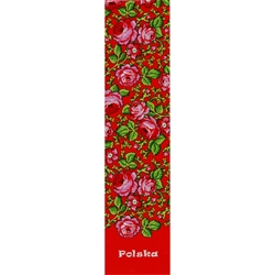 This is a Podhale highland region pattern printed on a bookmark with a red background. Back of the bookmark includes a map of Poland and an explanation in English and Polish about this pattern.