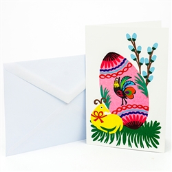 This beautiful note card is entirely hand made in Lowicz, Poland. The paper cut is glued to the card. Suitable for framing.  Mailing envelope included. No text inside.  Size is approx 4" x 6".&#8203;