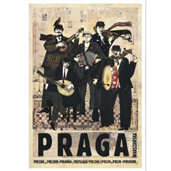Praga Warszawska, Polish Tourist Poster designed by artist Ryszard Kaja in 2018. It has now been turned into a post card size 4.75" x 6.75" - 12cm x 17cm. 
This is a nod to the neighborhood street bands in this city.