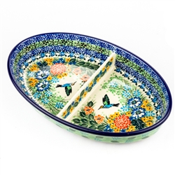Polish Pottery 11" Oval Divided Dish. Hand made in Poland. Pattern U3271 designed by Teresa Liana.
