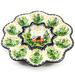 Polish Pottery 11" Round Egg Tray. Hand made in Poland. Pattern U3091 designed by Wirginia Cebrowska.