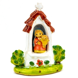 The Polish countryside is home to numerous wayside religious shrines.
Here is our artist's delightful rendition of one dedicated to Mary and Child. Hand made and painted by Polish folk artists Anna and Rajmund Kicman.