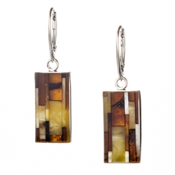 Beautiful set of dangle earrings, consisting of a mosaic of amber stones set in silver with a European clasp. Approx 1.5" x .5".
&#8203;No two are exactly alike.