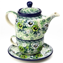 Polish Pottery 16 oz. Personal Teapot Set. Hand made in Poland. Pattern U4780 designed by Maria Starzyk.