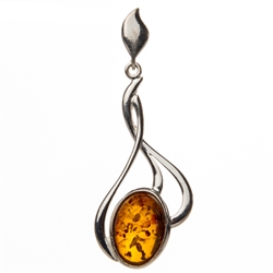 Artistic Sterling Silver Pendant With A Honey Amber Drop.  Size is approx 1.75" x .75".