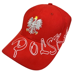 Stylish red cap with silver and white thread embroidery. The cap features a silver Polish Eagle with gold crown and talons. Features an adjustable cloth and metal tab in the back. Designed to fit most people.