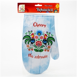 Colorful oven mitt featuring Lowicz roosters. Na Zdrowie is the Polish toast meaning To Your Health! Mitt has a magnet in the cuff for hanging.