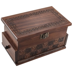 This rustic trick box is decorated on its lid with a border of small hearts. Larger hearts decorate the front of the box.  Open the top to remove the center bar which releases the lock for the two side drawers.  Very unique and clever.