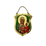 Impressive brass metal shield featuring Our Lady of Czestochowa. Size approx 2.5" x 3.5" not including the chain.