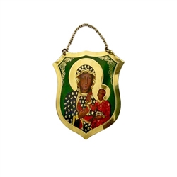 Impressive brass metal shield featuring Our Lady of Czestochowa. Size approx 2.5" x 3.5" not including the chain.