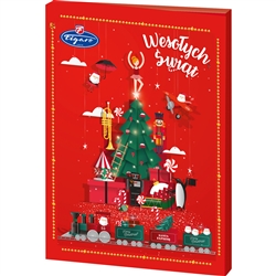 Polish holiday greetings - Wesolych Swiat! 24 days of family holiday tradition for ages 4 to 104! The countdown begins on the first day of December. Open each window day-by-day for 24 days to reveal a real milk chocolate treat. On the back of the box is a