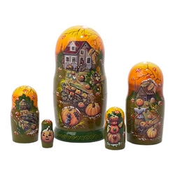 Top-selling artist Irina Kummer skillfully blends hand painting with reproductions of her original paintings to produce a detailed doll at a great price.  Imagine this Thanksgiving nesting doll on your Thanksgiving table. The farmhouse is decked out for a