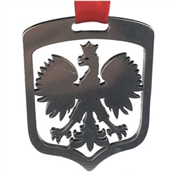 Polish Eagle cut out of stainless steel and suspended from red Polish Christmas ribbon (Wesolych Swiat - Happy Holidays)  Ornament size is approx 2.25" x 1.75" x .125"  Made In Poland