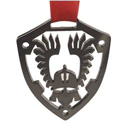 Polish Hussar/ Husar  cut out of stainless steel and suspended from red Polish Christmas ribbon (Wesolych Swiat - Happy Holidays) Ornament size is approx 2" x 1.5" x .125".  Made In Poland