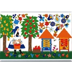 A Polish paper cut scene of a Kashub maiden in the orchard picking apples.  This magnet is about the size of a business card, is non-flexible with a strong magnet.